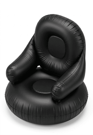 A black inflatable armchair with a rounded base, integrated armrests, and a supportive backrest. The surface displays visible seams and the characteristic rippling of inflated material. It features circular indentations on the seat and back. — 3D model