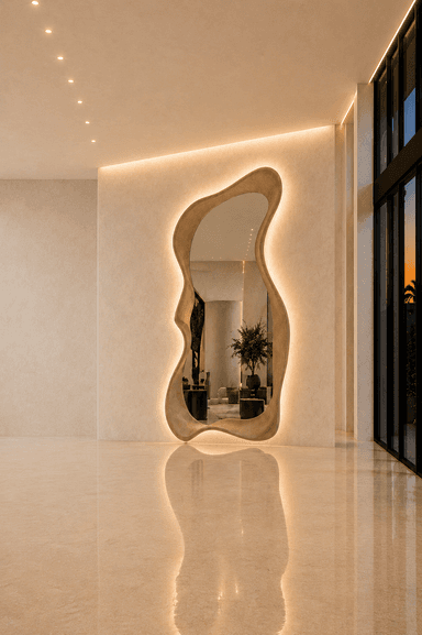 A freestanding or wall-mounted mirror featuring an irregular, free-form, organic shape. The reflective surface is framed by a thick, rounded border that appears to be upholstered in a light beige or tan fabric, possibly suede, giving it a soft, sculptural presence. The design is contemporary, emphasizing fluid lines over traditional geometry. — 3D model