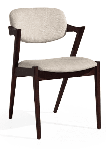 A close-up, studio shot of an armchair with a dark wood frame and upholstered seat and backrest. The armchair features a curved, supportive back and armrests with a distinct angular design. The upholstery is a textured, light-colored fabric. — 3D model
