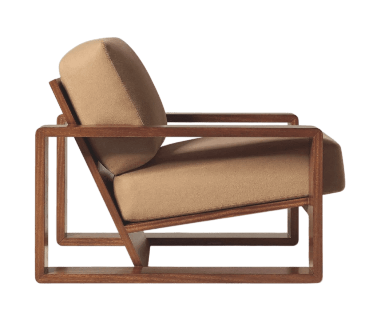 A modern armchair featuring a distinct geometric wooden frame and upholstered seat and backrest. The frame has a minimalist, linear design with squared edges. The upholstery appears to be a textured fabric in a neutral tone. The armchair is presented in a side profile against a black background. — 3D model