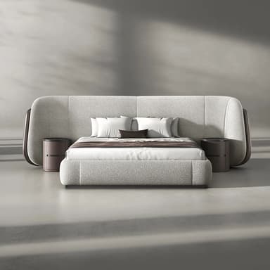 A modern, upholstered platform bed featuring an expansive, curved headboard with vertical channel stitching. The headboard seamlessly integrates two circular, dark wood nightstands on either side, each with two drawers. The bed frame itself is also upholstered in a light grey textured fabric, resting on a subtle, dark base. The bed is adorned with white and brown bedding. — 3D model