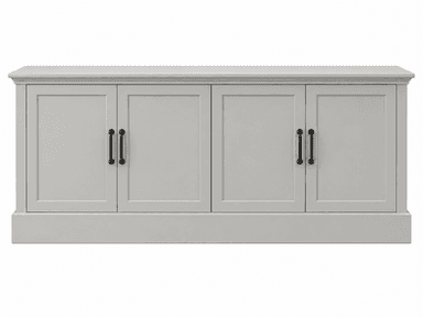 A contemporary light grey four-door sideboard or credenza featuring recessed panel doors, a flat top surface, and matte black metal bar pull handles, resting on a solid plinth base. — 3D model