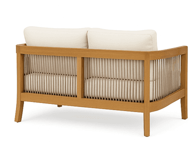 A two-seater sofa with a light wood frame and a slatted backrest. The sofa features two plush, rectangular cushions for the back and a seat cushion. The frame is constructed from light-colored wood and has a clean, modern design with slightly tapered legs. The backrest is composed of numerous vertical wooden slats, creating a visually airy effect. The cushions are upholstered in a neutral-toned fabric. — 3D model