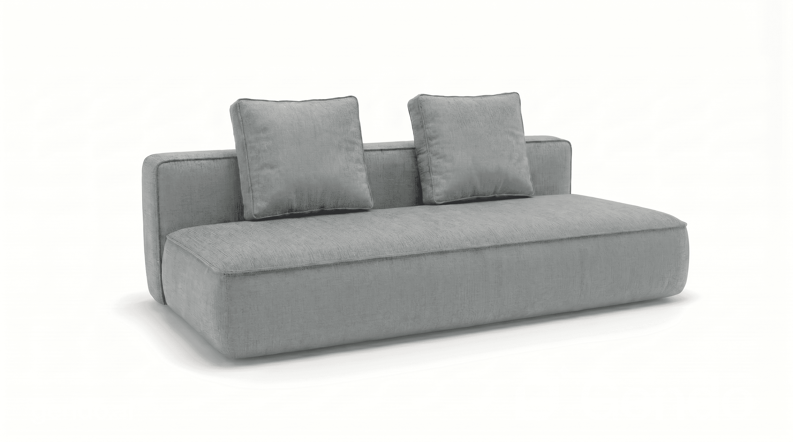 A modern, low-profile sofa with clean lines and a rectangular form. It features a deep seat and a straight backrest. Two square throw pillows are placed on the backrest. The upholstery appears to be a textured fabric. — 3D model