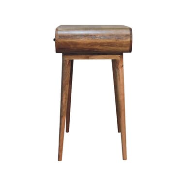 A narrow console table with a curved front edge and tapered legs. It appears to have a single drawer integrated into the top surface, indicated by a slight recess or handle. The design suggests a mid-century modern aesthetic. — 3D model