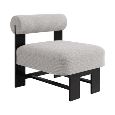 An upholstered stool featuring a dark wood frame and light gray fabric, designed with a low seat and a cylindrical backrest. — 3D model