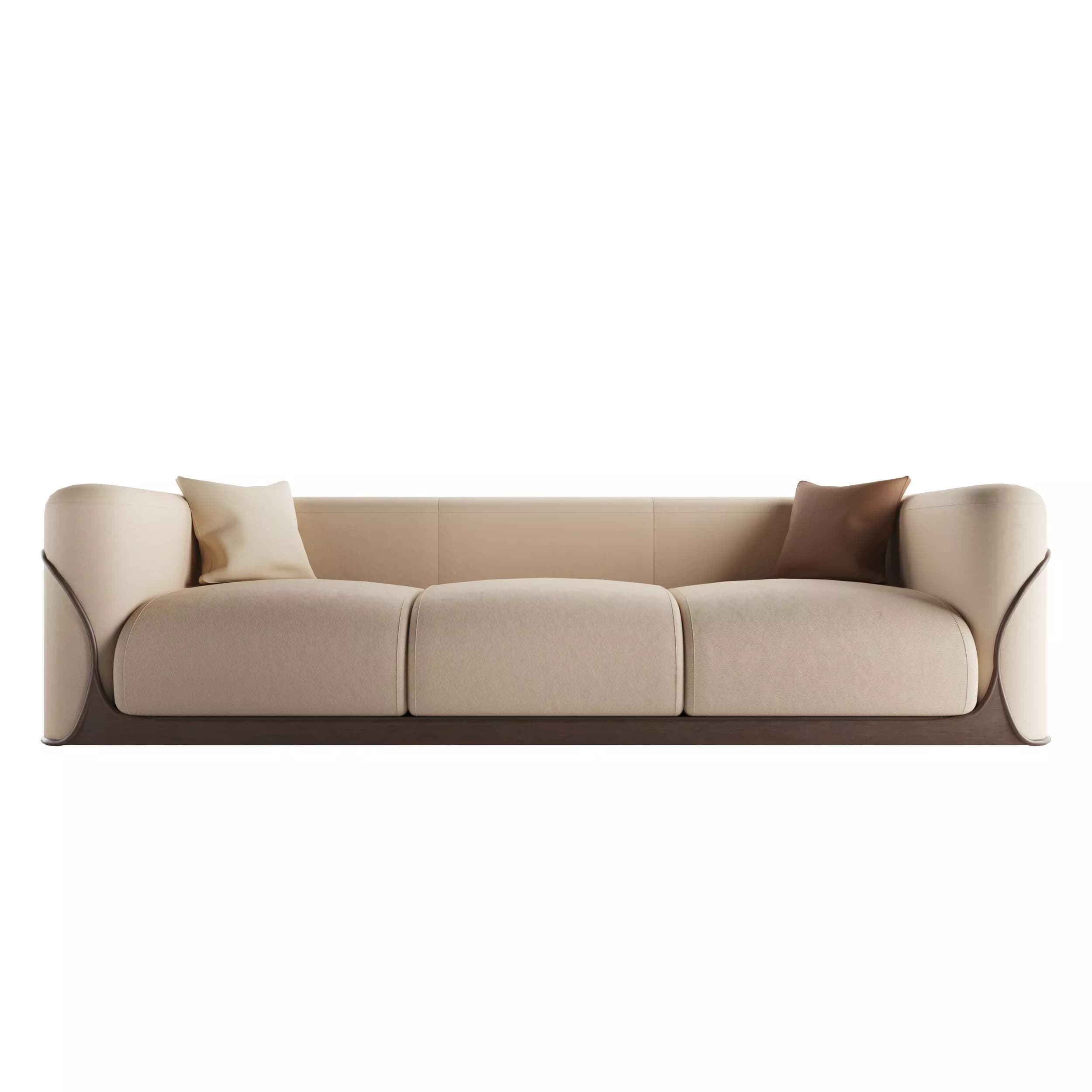 A modern three-seater sofa featuring a neutral-toned upholstered body, a contrasting dark wood base, and distinct rounded arms with a dark trim. — 3D model