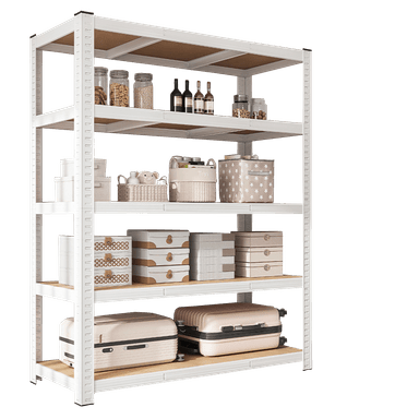 A five-tier shelving unit with a white powder-coated steel frame and light-colored wooden shelves, designed for robust storage. The vertical supports feature regularly spaced perforations, indicating an adjustable shelf height system. Its utilitarian design suggests suitability for industrial, garage, or heavy-duty storage applications. — 3D model