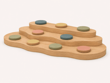 A multi-tiered, wavy, light wood structure featuring nine circular, upholstered cushions in various pastel colors (green, yellow, blue, pink). The structure has an organic, fluid design with three distinct levels or waves. — 3D model