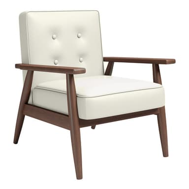 A stylish mid-century modern lounge chair featuring an exposed dark wooden frame and light-colored upholstered cushions. The chair has straight, flat wooden armrests and tapered, angled legs. The back and seat cushions are neatly upholstered with visible piping along the edges, suggesting a comfortable yet minimalist design. — 3D model
