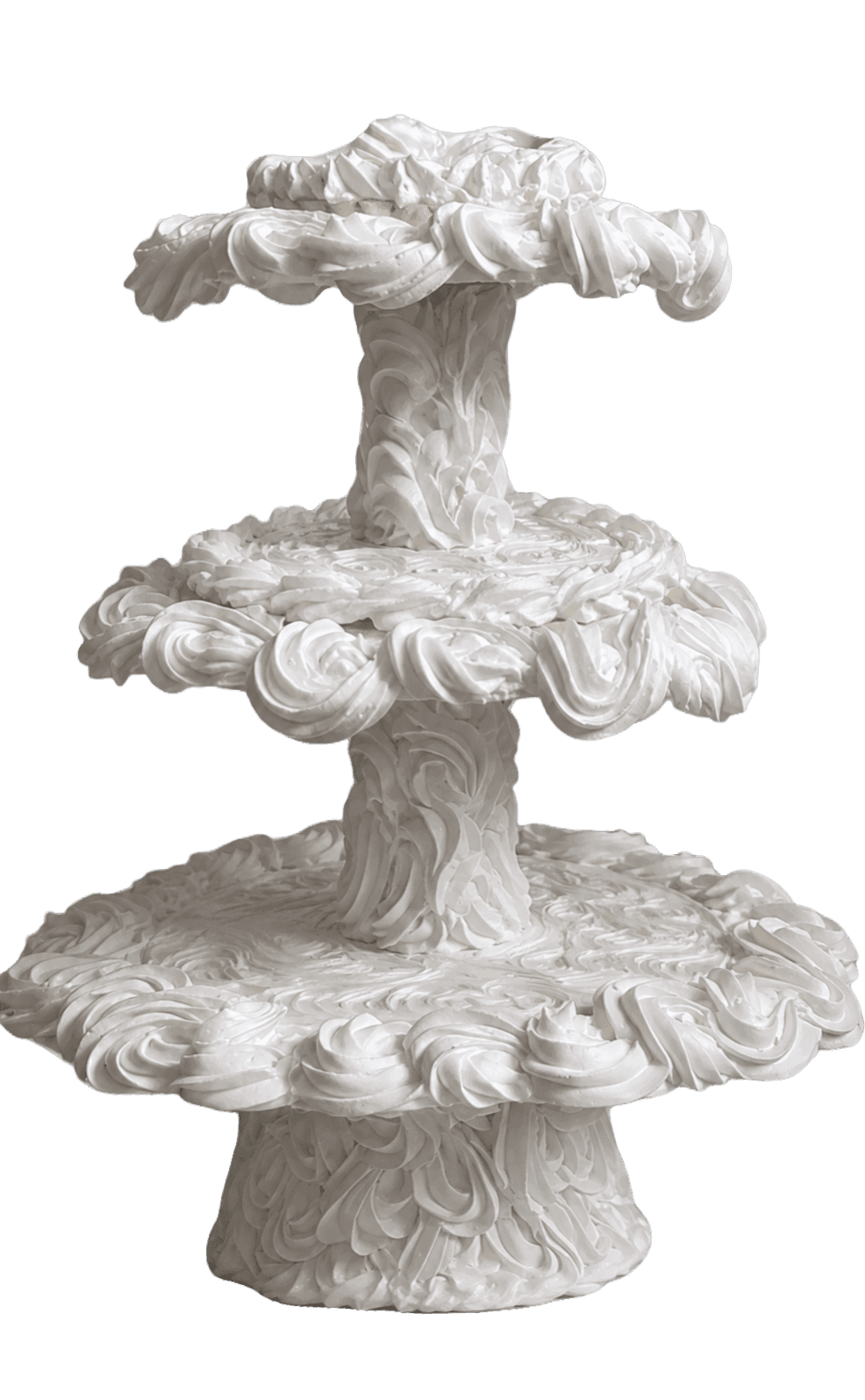 A white, three-tiered sculptural display stand characterized by its organic, highly textured surface. The stand features a central column supporting three circular platforms, each decreasing in size towards the top. The entire surface, including the base, column, and the edges of the platforms, is intricately sculpted with swirling, meringue-like, or cloud-like patterns, giving it a whimsical and artistic appearance. The finish is matte white. — 3D model