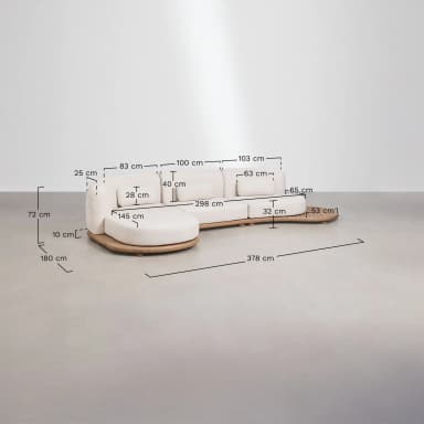 A modular sectional sofa with a curved chaise lounge on one end. The sofa features a light-colored upholstered body and loose back cushions. The base and accents are made of light-colored wood, with a slatted design on the extended side panel. A circular, low-profile coffee table with a slatted wooden top is positioned in front of the sofa. — 3D model