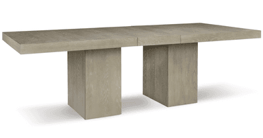 A rectangular dining table with a light, natural wood finish. It features a thick tabletop composed of three planks, joined linearly. The table is supported by two substantial, rectangular pedestal bases positioned symmetrically underneath the tabletop. — 3D model