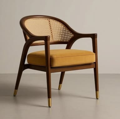 A stylish armchair featuring a dark-stained solid wood frame with a curved backrest and integrated armrests. The backrest is detailed with a woven cane panel, offering a light and airy aesthetic. A plump, square-shaped seat cushion, upholstered in a mustard yellow velvet fabric, provides comfort. The tapered legs are adorned with elegant brass caps at their feet, adding a touch of sophistication. — 3D model