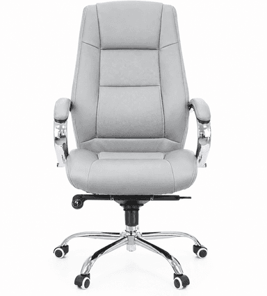 A black executive office chair featuring a high back, generously padded seat and backrest, and padded armrests with chrome supports. The chair is upholstered in faux leather with contrasting white stitching. It rests on a five-star chrome-plated base equipped with casters for mobility and appears to have a gas lift for height adjustment. — 3D model