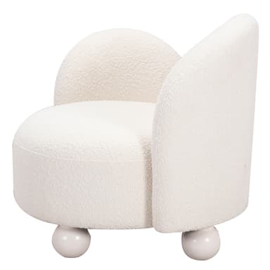 A contemporary armchair featuring an asymmetrical design with a single armrest. It is upholstered in a textured, cream-colored boucle fabric, presenting a soft and rounded silhouette. The chair is supported by four spherical ball feet, providing a distinctive and stable base. Its overall aesthetic is plush and modern. — 3D model