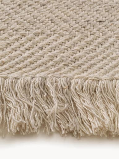 A rectangular area rug in a light, neutral off-white or ecru color, featuring a subtly textured woven pattern. The pattern consists of alternating horizontal bands, with some bands displaying a diagonal herringbone-like weave and others a plainer, tighter horizontal weave. The short edges of the rug are finished with short, unravelled fringe, characteristic of a flat-weave construction. The overall aesthetic is clean, minimalist, and natural. — 3D model