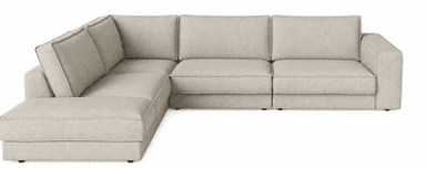 A large, modular L-shaped sectional sofa upholstered in a light beige, textured fabric. It features a left-facing chaise lounge, multiple individual seat and back cushions with piped edges, and low-profile track arms, indicative of a modern design. — 3D model