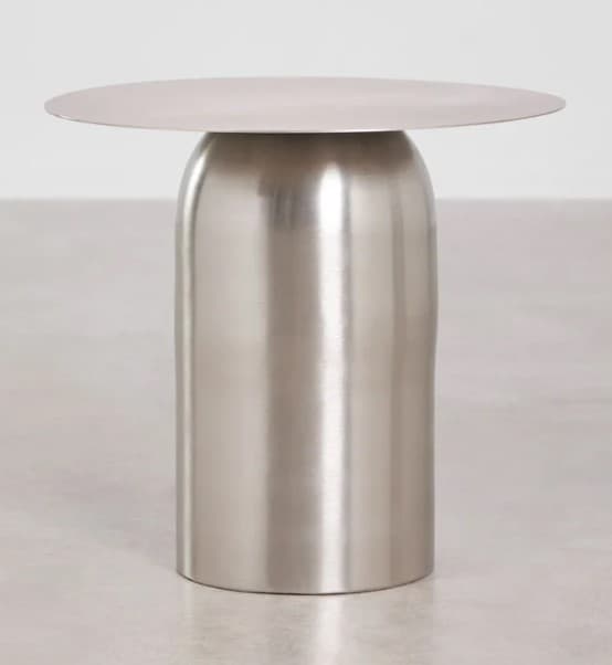 A modern, cylindrical end table with a rounded top. The base is a smooth, curved cylinder that flares slightly inwards at the top before meeting the circular tabletop. The entire piece has a polished, metallic finish. — 3D model