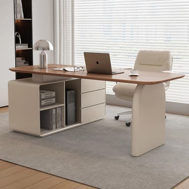 A modern executive desk featuring a light wood or wood veneer tabletop with rounded corners, supported by an asymmetrical base. One side incorporates an integrated storage unit with open shelving and closed drawers in a matte beige finish, while the other side is supported by a single, curved panel leg in the same beige hue. — 3D model