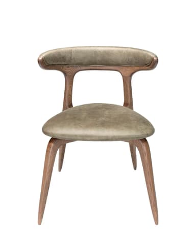 A contemporary dining chair featuring a curved wooden frame with dark stain and light grey/taupe upholstered seat and backrest, designed with integrated arm support. — 3D model