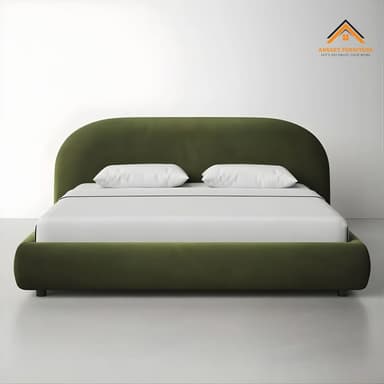 A modern upholstered platform bed featuring a distinctive asymmetrical curved headboard and a low-profile frame, all covered in a soft olive green fabric. — 3D model