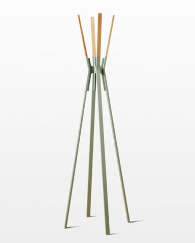A freestanding coat rack with a base composed of multiple slender legs that converge upwards. The upper section features several wooden dowels or pegs extending upwards and outwards, likely for hanging items. The main body and legs appear to be made of metal or plastic, with a pale green or gray finish. — 3D model