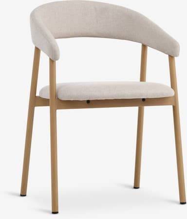 An upholstered dining chair featuring a light natural wood frame and a light beige, textured fabric. The backrest is gently curved, extending to form integrated armrests. The seat and back are fully upholstered, providing a soft seating experience. — 3D model