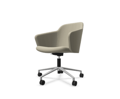 A contemporary office chair featuring a light gray upholstered, integrally molded seat and backrest with integrated armrests, set on a silver-tone five-star base with casters and a height-adjustable gas lift. — 3D model
