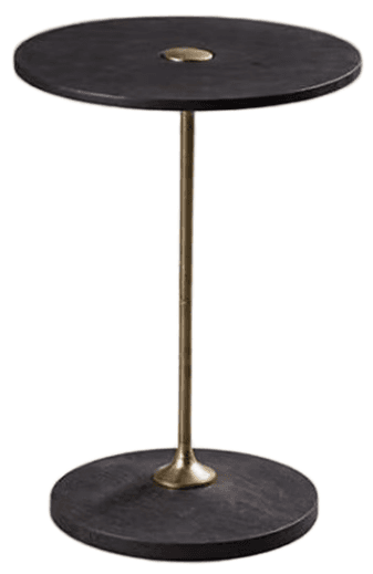 A circular side table with a dark-colored top and base, connected by a slender brass-colored stem. The top surface features a subtle, oval-shaped inlay of a lighter material, possibly brass or a similar metal, positioned centrally. The base is a flat, wide circle, providing stability. — 3D model
