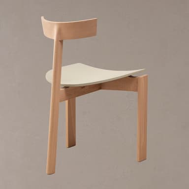 A modern dining chair with a curved backrest and a gently contoured seat. The chair features a wooden frame constructed from light-colored wood. The seat appears to be made of a contrasting material, possibly a molded plastic or a light-colored wood veneer, and is set within the wooden frame. The backrest is also wood and curves upward from a central vertical support. The legs are straight and tapered slightly. — 3D model