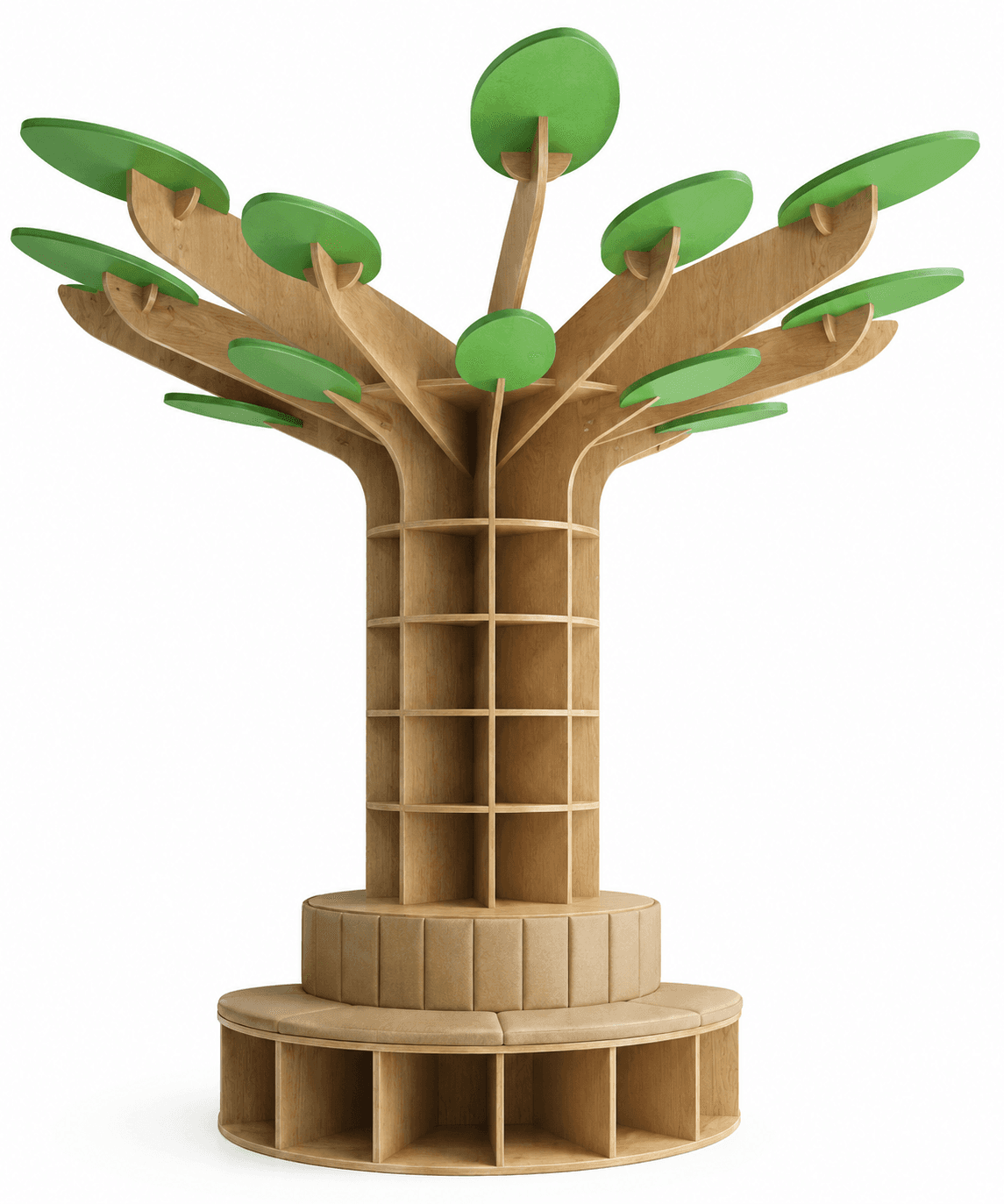 A multi-functional furniture piece designed in the shape of a tree, featuring numerous shelving compartments within its 'trunk' and 'branches,' an integrated circular cushioned bench at its base, and additional open storage cubbies beneath the seating. The structure is made of light-toned wood, with distinct green, circular 'leaves' adorning the top branches and a tan upholstered bench. — 3D model