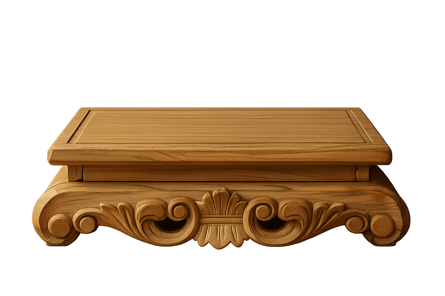 A low, rectangular wooden display pedestal featuring intricate carvings on its base. The top surface is flat with a subtle raised border, and the wood grain is clearly visible across all surfaces. The base exhibits ornate scrollwork and stylized botanical motifs. — 3D model