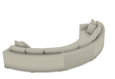 A contemporary, generously sized curved sectional sofa, upholstered in a light-colored, possibly off-white or beige, textured fabric. The sofa features a sweeping, semicircular form with wide, flat arms and five distinct seating sections. Each section has a loose seat cushion and a loose back cushion, accompanied by additional throw pillows at the ends. The sofa rests on dark, low-profile block feet, contributing to a clean, modern aesthetic. — 3D model
