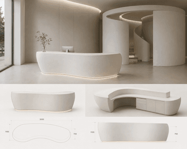 A modern, sculptural, curved seating unit, likely a bench, with a low profile and an organic, fluid shape. It features a raised, integrated section that acts as a partial backrest or armrest. The entire piece is light-colored, possibly off-white or light beige, and has subtle, integrated under-lighting along its base, casting a warm glow. — 3D model
