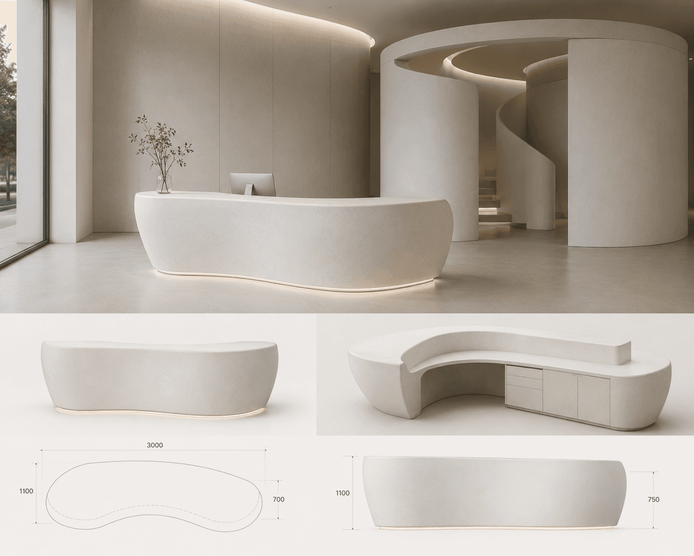 A modern, sculptural, curved seating unit, likely a bench, with a low profile and an organic, fluid shape. It features a raised, integrated section that acts as a partial backrest or armrest. The entire piece is light-colored, possibly off-white or light beige, and has subtle, integrated under-lighting along its base, casting a warm glow. — 3D model