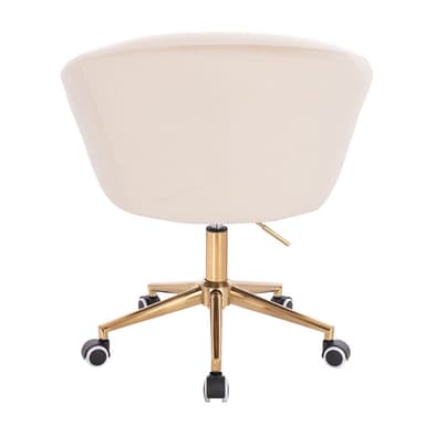 A cream-colored velvet desk chair with a curved backrest and armrests. It features a gold-tone metal base with five legs, each equipped with a caster wheel for mobility. The chair has a central gas lift mechanism for height adjustment. — 3D model
