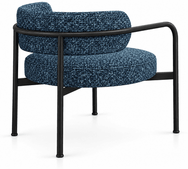An armless modern dining chair featuring a minimalist black metal frame and two distinct, rounded cylindrical cushions for the seat and backrest. The cushions are upholstered in a textured, multi-tonal blue fabric, resembling a boucle or weave. The frame includes four slender legs with integrated foot glides and supports the seat and backrest structure. — 3D model