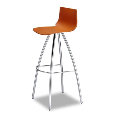 A modern bar stool with a curved, bright orange seat and backrest. The seat has a sleek, ergonomic design. It is supported by a slender, silver-toned metal frame that curves inward and tapers towards the floor. A U-shaped footrest is integrated into the frame between the legs. — 3D model