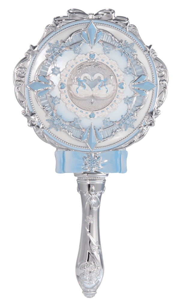An ornate hand mirror featuring an oval reflective surface encased in an elaborately decorated frame. The frame and handle are silver-toned with intricate scrollwork, filigree, and raised decorative elements. Light blue accents, including crystalline shapes, snowflakes, and a ribbon bow, adorn the frame. The center of the mirror's backplate features a light blue and white emblem with two swans. The handle is slender and sculpted, complementing the decorative frame. — 3D model