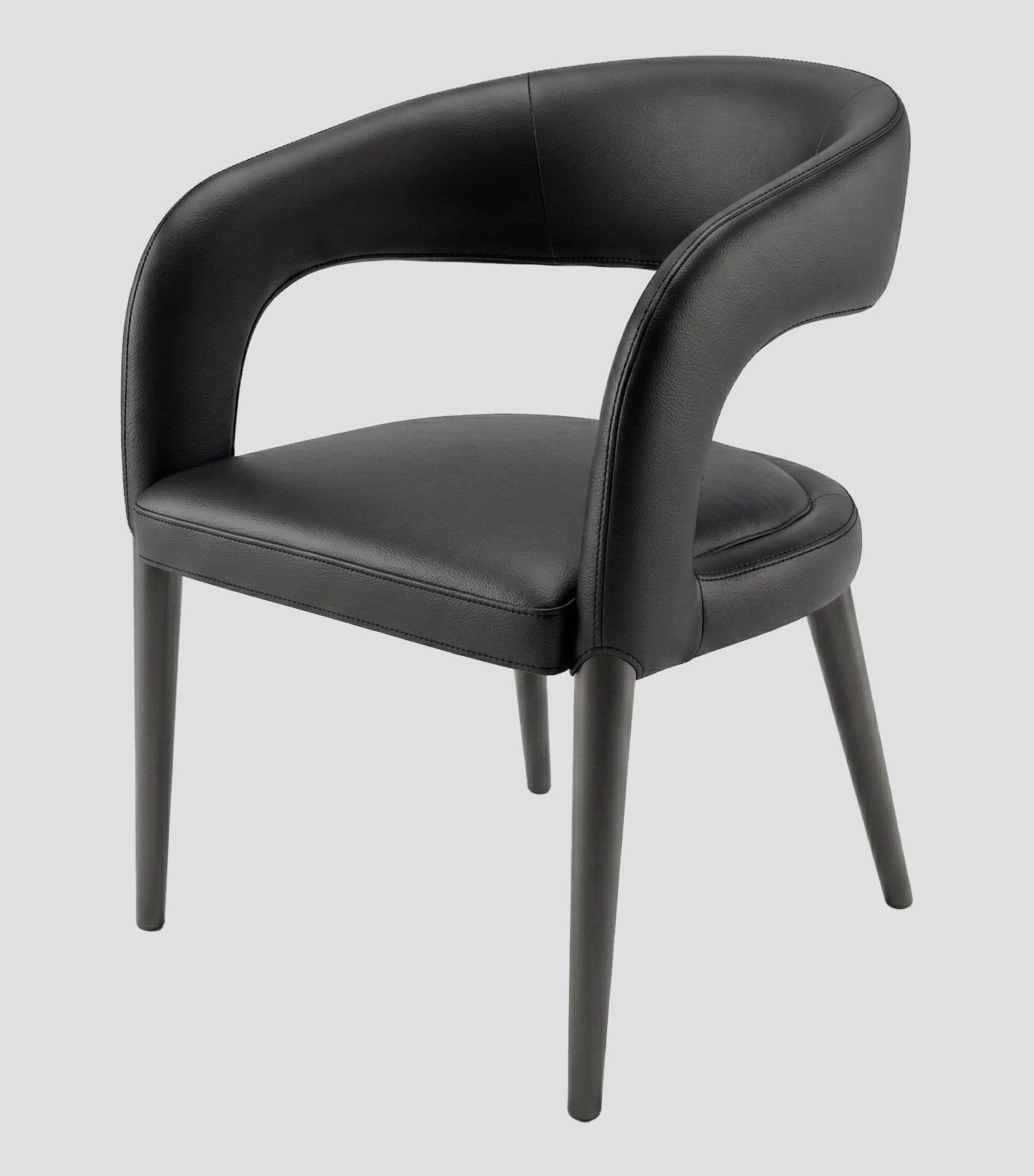 A modern upholstered chair with a curved back and armrests, covered in black leather or faux leather, supported by four tapered dark legs. — 3D model