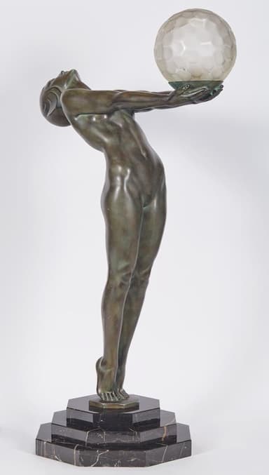 An Art Deco bronze sculpture of a nude female figure in an arched pose, holding aloft a spherical, frosted, faceted glass light shade, all mounted on a multi-tiered black marble base. — 3D model