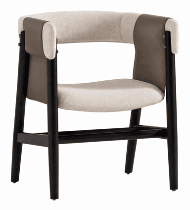 A contemporary dining armchair featuring a U-shaped backrest and armrests upholstered in light cream fabric, accented with a contrasting brown faux leather panel. The seat is also upholstered in the matching light cream fabric. The chair is supported by a robust, dark-stained wooden frame with four tapered legs and horizontal stretchers for stability. Small brass-colored studs provide a decorative detail where the leather meets the wooden frame. — 3D model