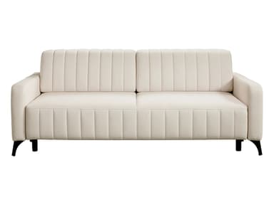 A cream-colored sofa with a fluted design on the backrests, headrests, and armrests. The sofa features a tufted headrest and sits on four black tapered legs. — 3D model