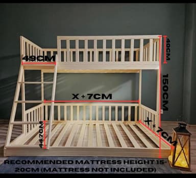 A natural light-colored wood bunk bed with an integrated ladder and safety rails, featuring slatted bases for two mattresses. The design is minimalist and functional. — 3D model