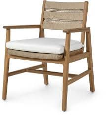 A contemporary armchair featuring a light-toned wooden frame, a distinct woven backrest, and a padded seat cushion. The chair has straight legs and arms, suggesting a modern or coastal aesthetic. — 3D model