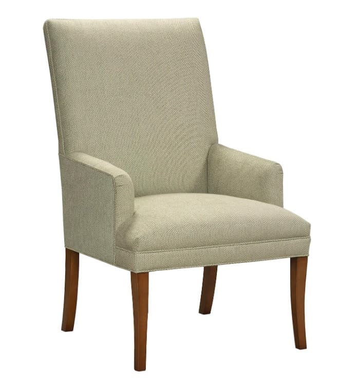 A fabric-upholstered armchair with a high back and gently sloped arms, supported by four wooden legs. The fabric has a subtle herringbone pattern. — 3D model