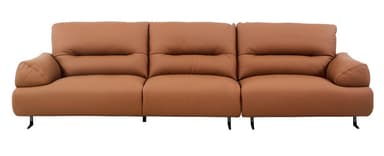 A contemporary three-seater sofa upholstered in a warm tan or light brown leather-like material. It features three distinct seat cushions and three matching back cushions, each appearing plush and inviting. The back cushions have subtle horizontal stitching details. The armrests are softly rounded and integrated into the overall frame. The sofa is elevated by four slender, angled black metal legs, providing a modern contrast to the upholstery. — 3D model
