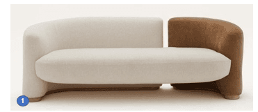 A contemporary two-seater loveseat featuring a distinctive bi-color design with rounded forms. One section is upholstered in an off-white boucle fabric, while the other section is in a contrasting brown leather or suede-like material. The backrest and arms are integrated into a continuous, curved silhouette, and the piece is supported by short, rounded wooden feet. — 3D model