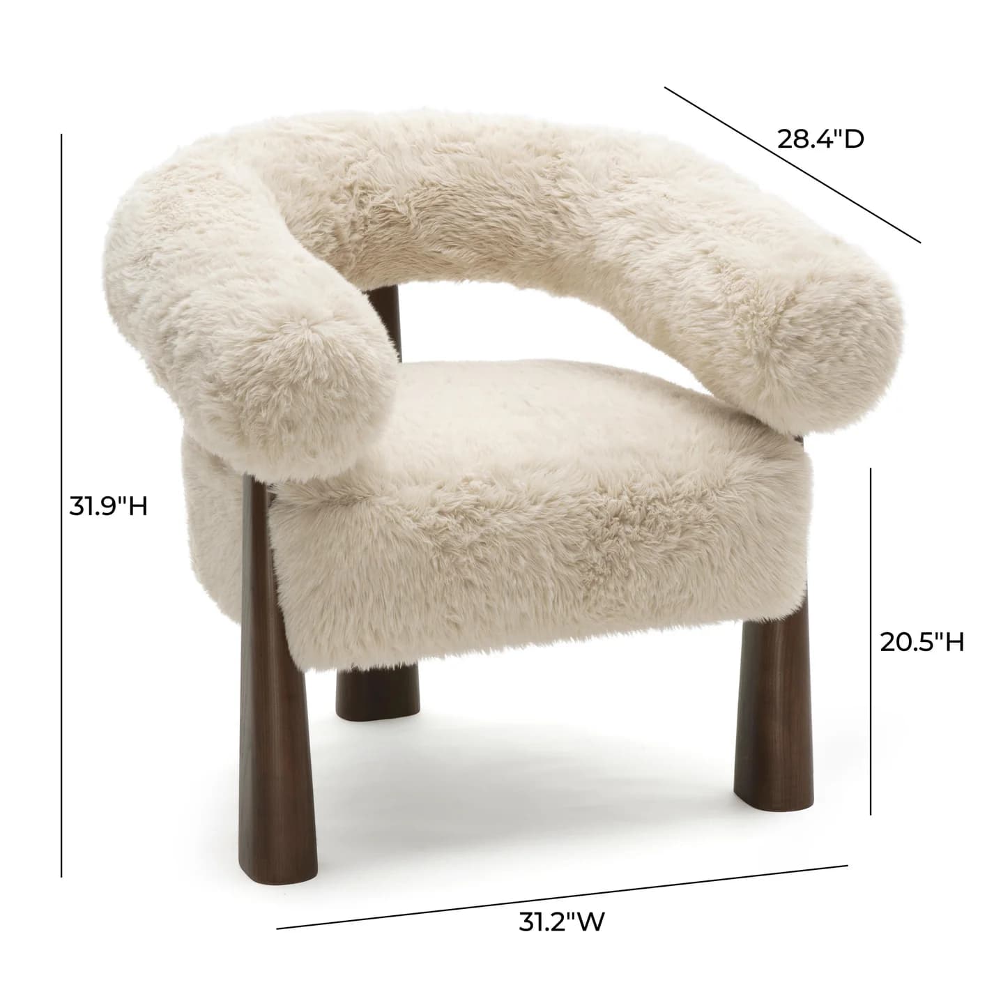 A plush, cream-colored armchair with a rounded, sculptural backrest and arms, upholstered in a shaggy faux fur. The chair is supported by four dark brown, tapered wooden legs that flare slightly outwards. Dimensions are indicated: 31.9"H x 31.2"W x 28.4"D, with seat height at 20.5"H. — 3D model